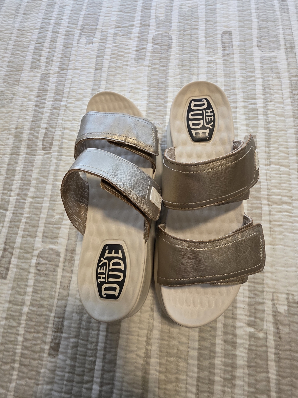 Hey Dude Women's Metallic Champagne and Taupe Double‑Strap Slide Sandals